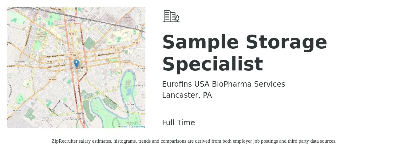 Eurofins USA BioPharma Services job posting for a Sample Storage Specialist in Lancaster, PA with a salary of $16 to $23 Hourly with a map of Lancaster location.