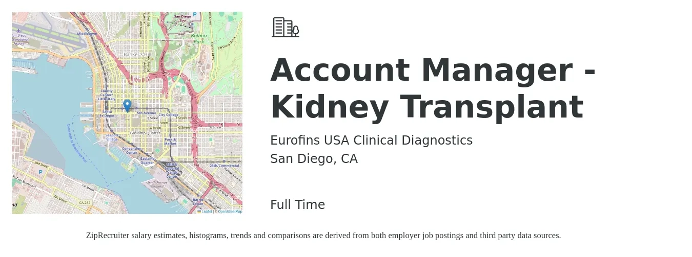 Eurofins USA Clinical Diagnostics job posting for a Account Manager - Kidney Transplant in San Diego, CA with a salary of $51,000 to $83,300 Yearly with a map of San Diego location.