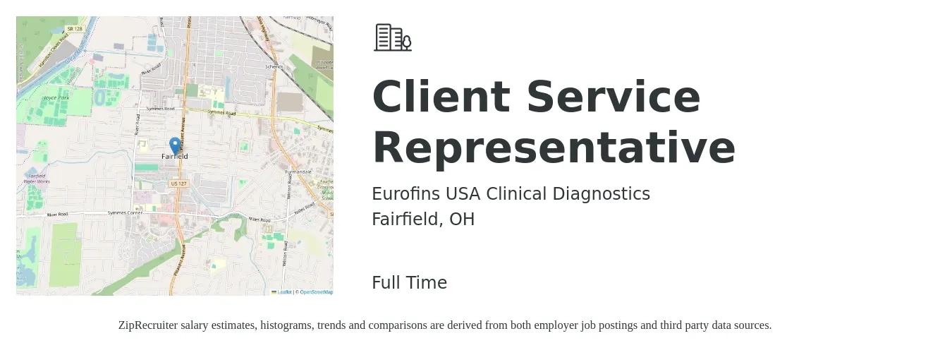 Eurofins USA Clinical Diagnostics job posting for a Client Service Representative in Fairfield, OH with a salary of $15 to $20 Hourly with a map of Fairfield location.