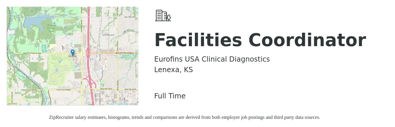 Eurofins USA Clinical Diagnostics job posting for a Facilities Coordinator in Lenexa, KS with a salary of $19 to $26 Hourly with a map of Lenexa location.