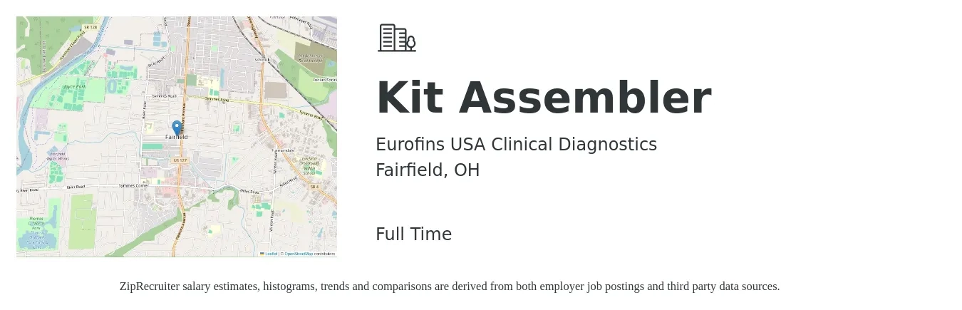 Eurofins USA Clinical Diagnostics job posting for a Kit Assembler in Fairfield, OH with a salary of $16 to $19 Hourly with a map of Fairfield location.