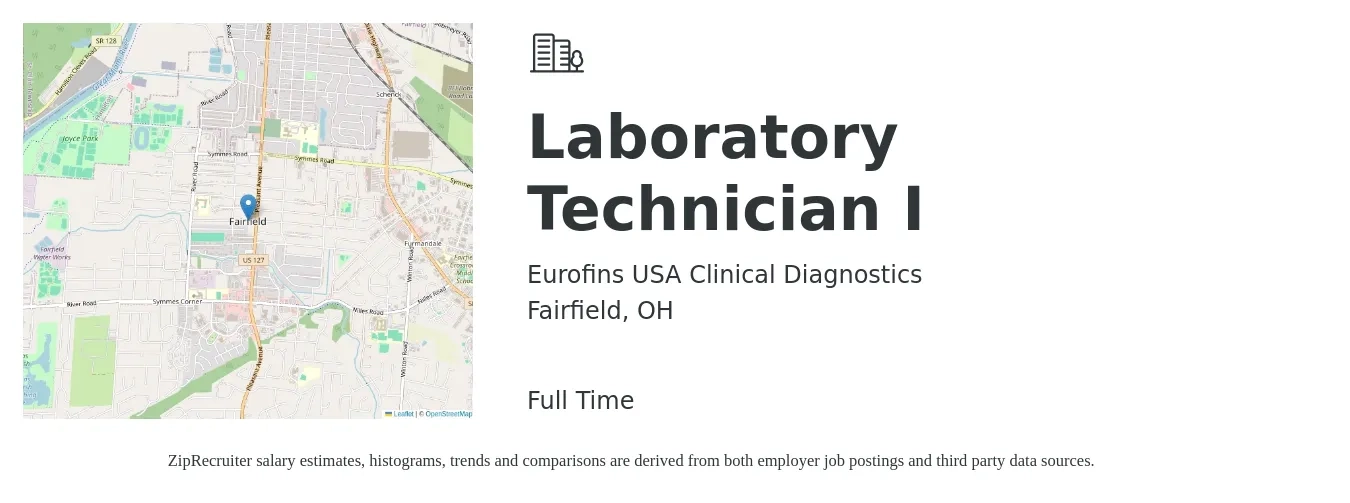 Eurofins USA Clinical Diagnostics job posting for a Laboratory Technician I in Fairfield, OH with a salary of $18 to $24 Hourly with a map of Fairfield location.