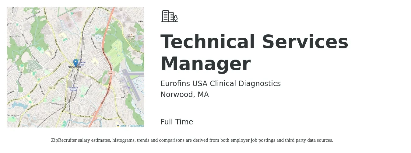 Eurofins USA Clinical Diagnostics job posting for a Technical Services Manager in Norwood, MA with a salary of $131,100 to $131,600 Yearly with a map of Norwood location.
