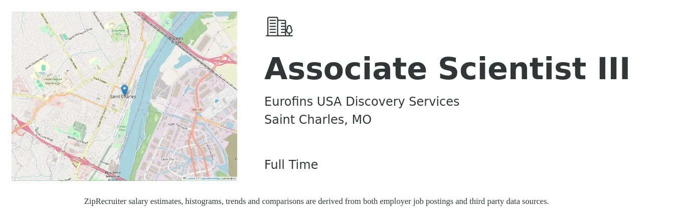 Eurofins USA Discovery Services job posting for a Associate Scientist III in Saint Charles, MO with a salary of $27 to $40 Hourly with a map of Saint Charles location.