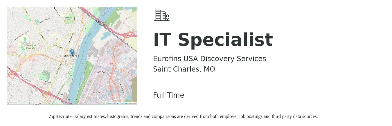 Eurofins USA Discovery Services job posting for a IT Specialist in Saint Charles, MO with a salary of $43,800 to $105,000 Yearly with a map of Saint Charles location.