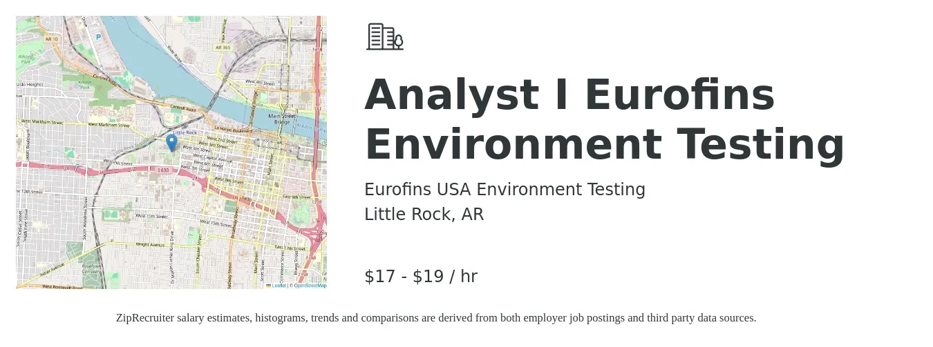 Eurofins USA Environment Testing job posting for a Analyst I Eurofins Environment Testing in Little Rock, AR with a salary of $18 to $20 Hourly with a map of Little Rock location.