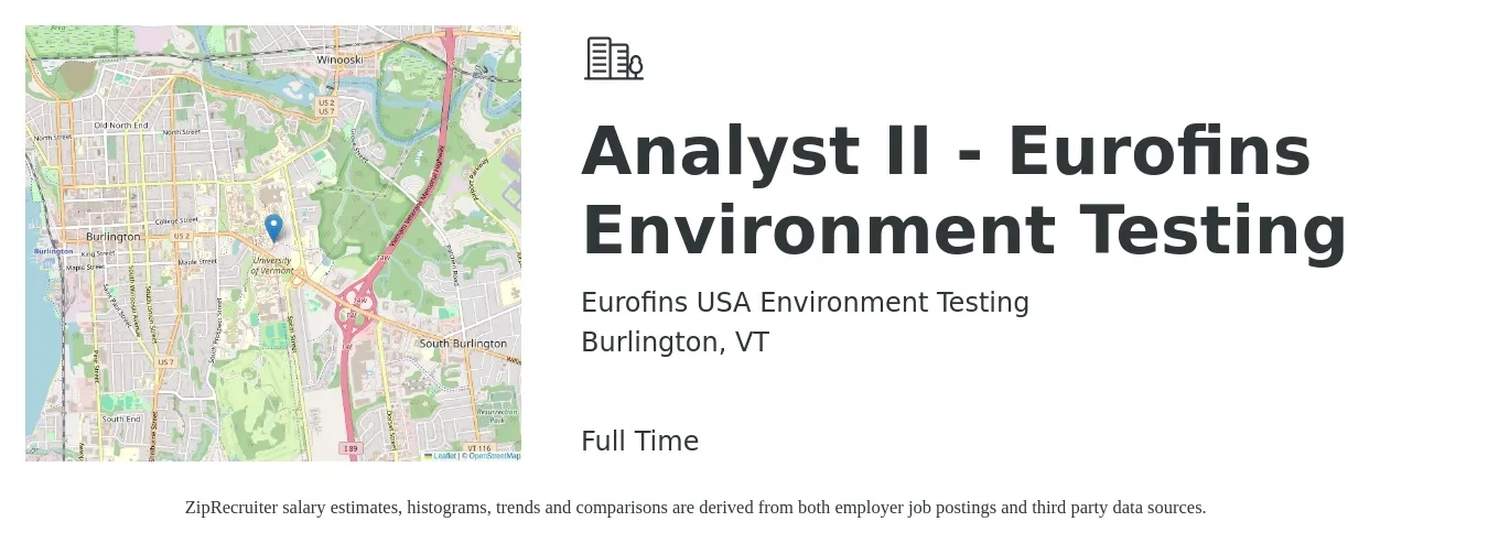 Eurofins USA Environment Testing job posting for a Analyst II - Eurofins Environment Testing in Burlington, VT with a salary of $20 to $34 Hourly with a map of Burlington location.