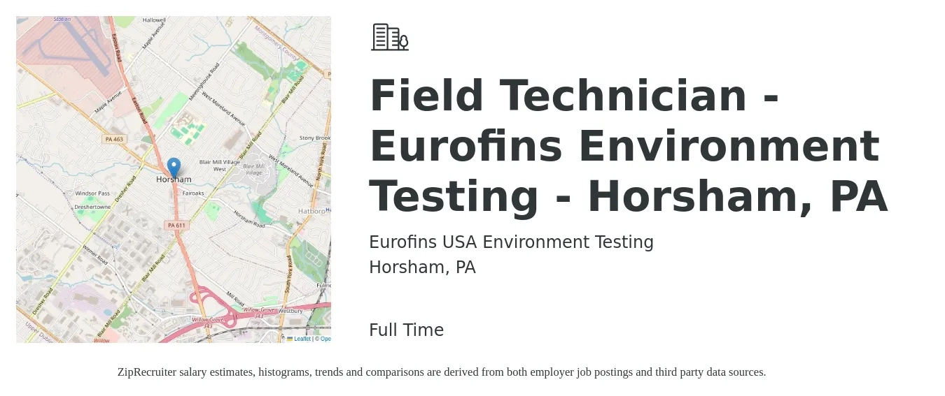 Eurofins USA Environment Testing job posting for a Field Technician - Eurofins Environment Testing - Horsham, PA in Horsham, PA with a salary of $20 to $27 Hourly with a map of Horsham location.