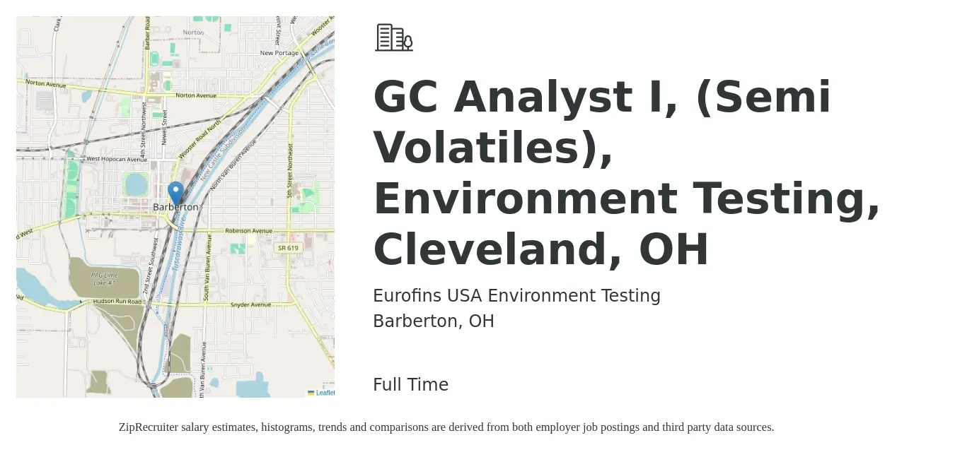 Eurofins USA Environment Testing job posting for a GC Analyst I, (Semi Volatiles), Environment Testing, Cleveland, OH in Barberton, OH with a salary of $19 to $32 Hourly with a map of Barberton location.