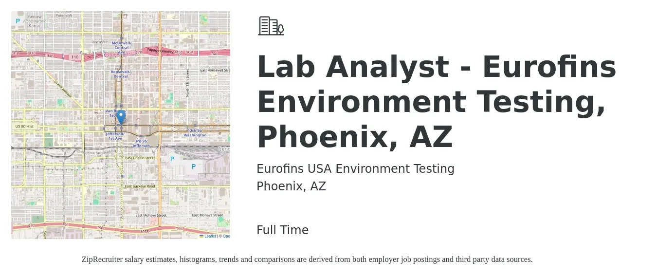 Eurofins USA Environment Testing job posting for a Lab Analyst - Eurofins Environment Testing, Phoenix, AZ in Phoenix, AZ with a salary of $18 to $21 Hourly with a map of Phoenix location.