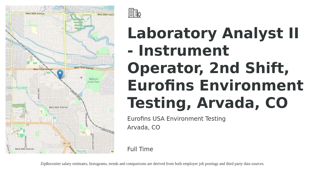Eurofins USA Environment Testing job posting for a Laboratory Analyst II - Instrument Operator, 2nd Shift, Eurofins Environment Testing, Arvada, CO in Arvada, CO with a salary of $23 to $27 Hourly with a map of Arvada location.