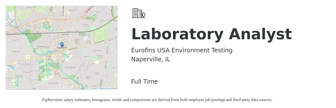 Eurofins USA Environment Testing job posting for a Laboratory Analyst in Naperville, IL with a salary of $18 to $21 Hourly with a map of Naperville location.