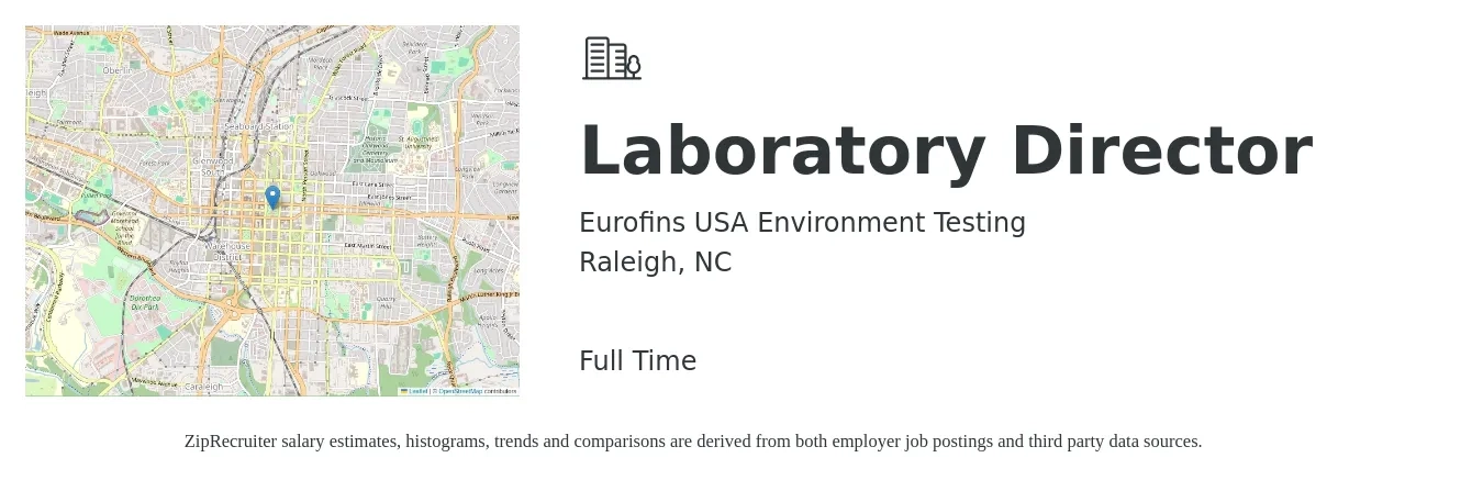 Eurofins USA Environment Testing job posting for a Laboratory Director in Raleigh, NC with a salary of $70,000 Yearly with a map of Raleigh location.