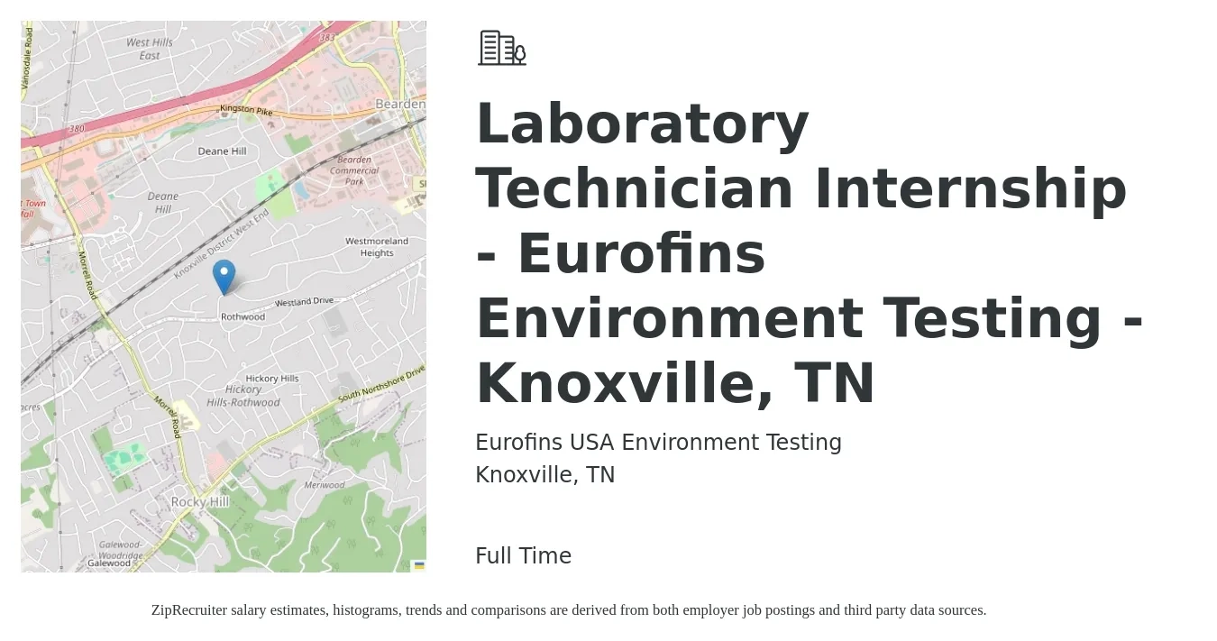 Eurofins USA Environment Testing job posting for a Laboratory Technician Internship - Eurofins Environment Testing - Knoxville, TN in Knoxville, TN with a salary of $16 to $18 Hourly with a map of Knoxville location.