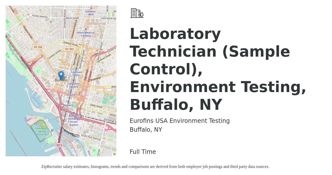 Eurofins USA Environment Testing job posting for a Laboratory Technician (Sample Control), Environment Testing, Buffalo, NY in Buffalo, NY with a salary of $17 to $18 Hourly with a map of Buffalo location.