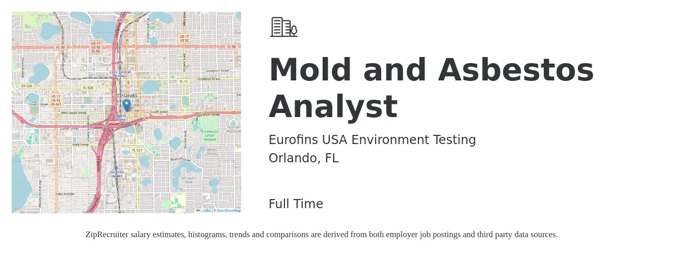 Eurofins USA Environment Testing job posting for a Mold and Asbestos Analyst in Orlando, FL with a salary of $18 Hourly with a map of Orlando location.