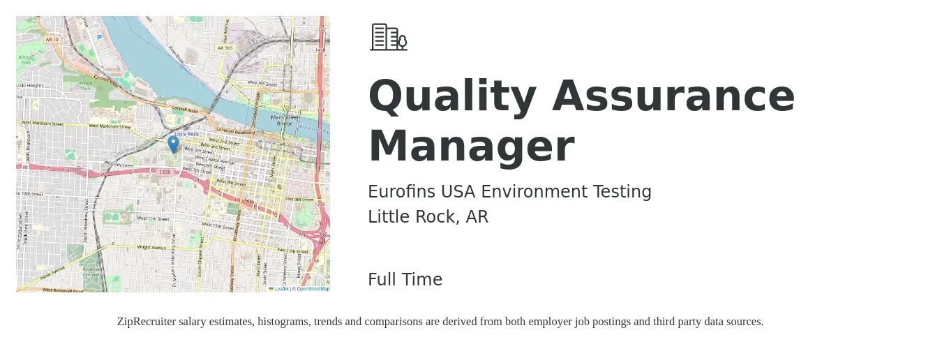 Eurofins USA Environment Testing job posting for a Quality Assurance Manager in Little Rock, AR with a salary of $79,600 to $138,600 Yearly with a map of Little Rock location.
