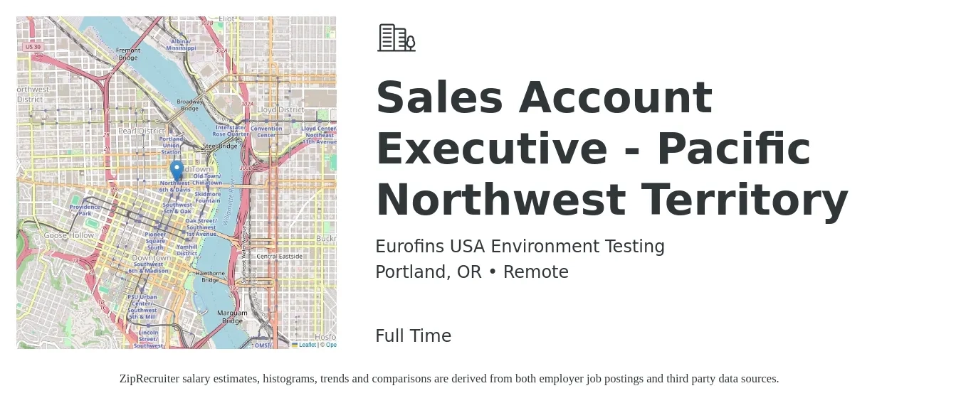 Eurofins USA Environment Testing job posting for a Sales Account Executive - Pacific Northwest Territory in Portland, OR with a salary of $56,700 to $89,100 Yearly with a map of Portland location.