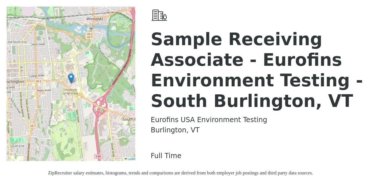 Eurofins USA Environment Testing job posting for a Sample Receiving Associate - Eurofins Environment Testing - South Burlington, VT in Burlington, VT with a salary of $17 to $19 Hourly with a map of Burlington location.