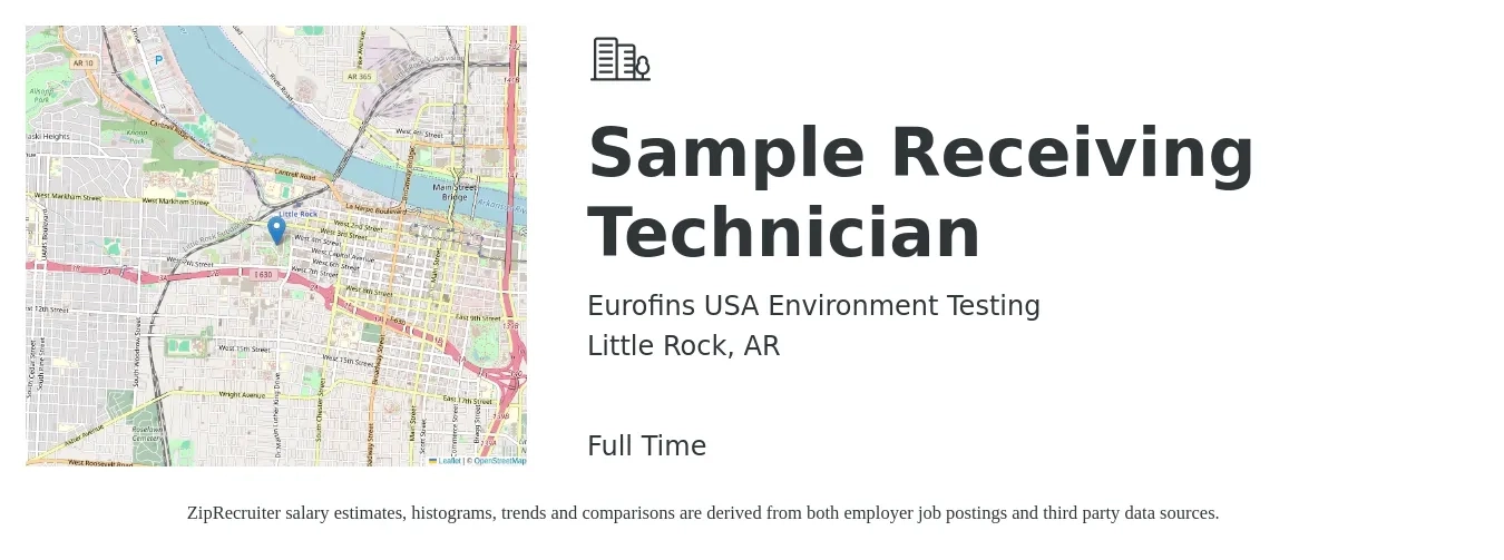 Eurofins USA Environment Testing job posting for a Sample Receiving Technician in Little Rock, AR with a salary of $16 to $18 Hourly with a map of Little Rock location.