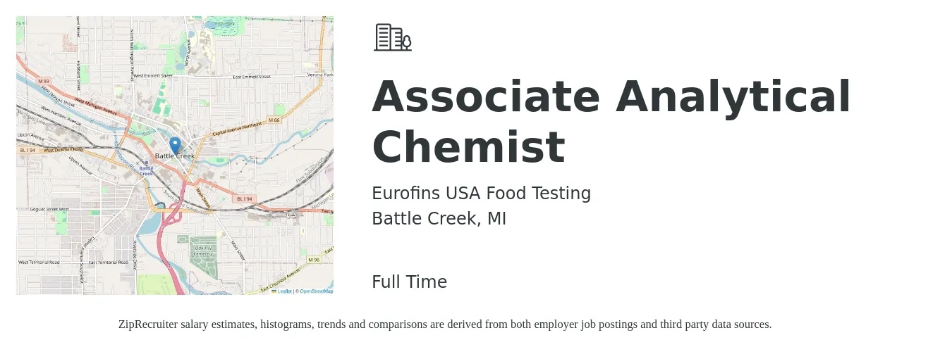 Eurofins USA Food Testing job posting for a Associate Analytical Chemist in Battle Creek, MI with a salary of $23 to $30 Hourly with a map of Battle Creek location.