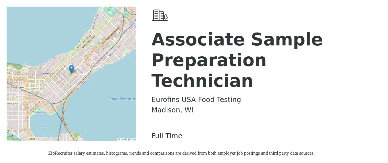 Eurofins USA Food Testing job posting for a Associate Sample Preparation Technician in Madison, WI with a salary of $18 to $26 Hourly with a map of Madison location.