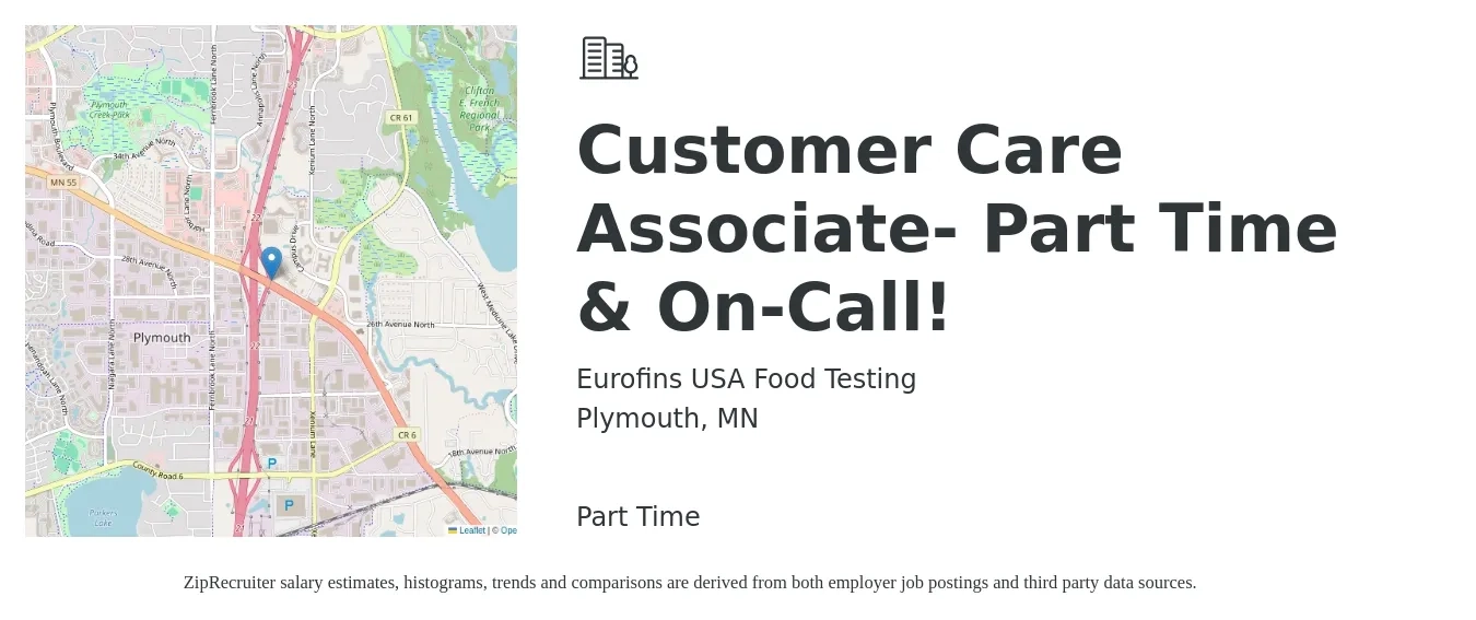 Eurofins USA Food Testing job posting for a Customer Care Associate- Part Time & On-Call! in Plymouth, MN with a salary of $15 to $21 Hourly with a map of Plymouth location.