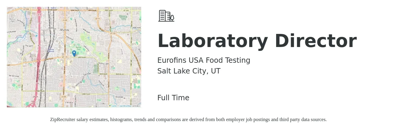 Eurofins USA Food Testing job posting for a Laboratory Director in Salt Lake City, UT with a salary of $102,600 to $134,000 Yearly with a map of Salt Lake City location.