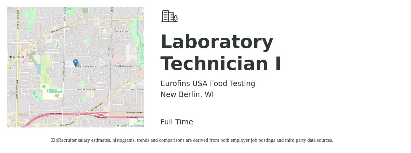 Eurofins USA Food Testing job posting for a Laboratory Technician I in New Berlin, WI with a salary of $19 to $25 Hourly with a map of New Berlin location.