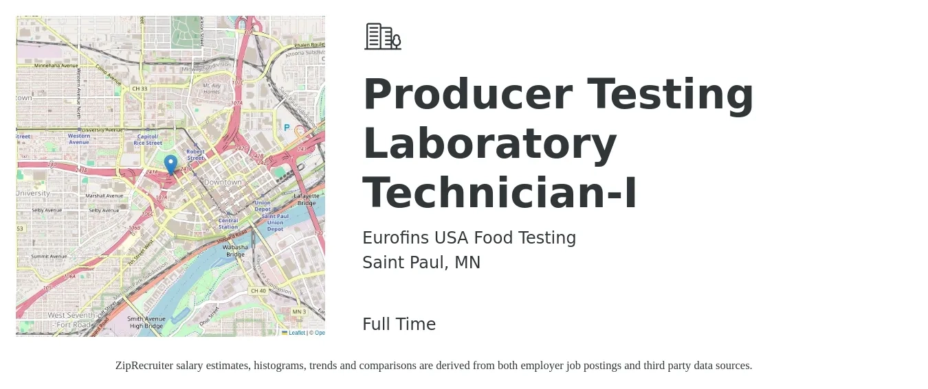 Eurofins USA Food Testing job posting for a Producer Testing Laboratory Technician I in Saint Paul, MN with a salary of $19 to $26 Hourly with a map of Saint Paul location.