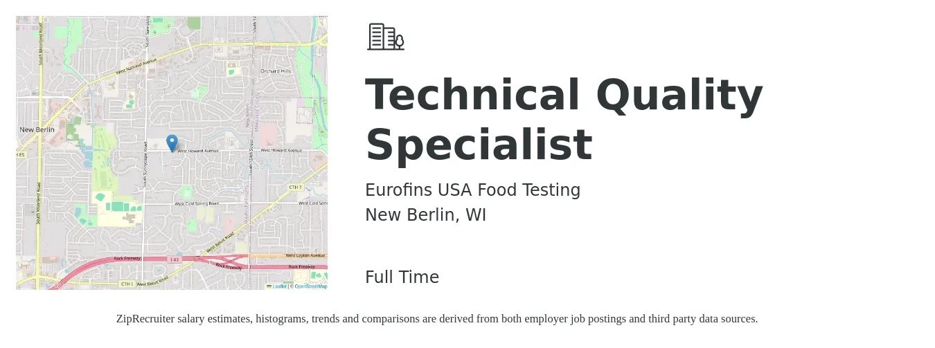 Eurofins USA Food Testing job posting for a Technical Quality Specialist in New Berlin, WI with a salary of $60,800 to $96,700 Yearly with a map of New Berlin location.