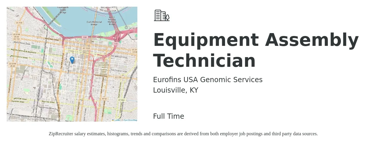 Eurofins USA Genomic Services job posting for a Equipment Assembly Technician in Louisville, KY with a salary of $17 to $21 Hourly with a map of Louisville location.