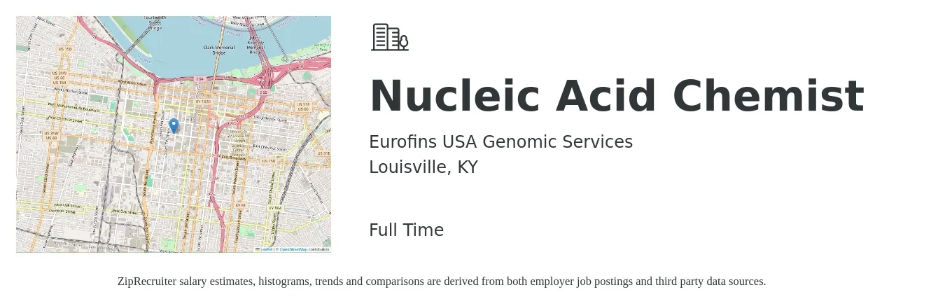 Eurofins USA Genomic Services job posting for a Nucleic Acid Chemist in Louisville, KY with a salary of $25 to $36 Hourly with a map of Louisville location.