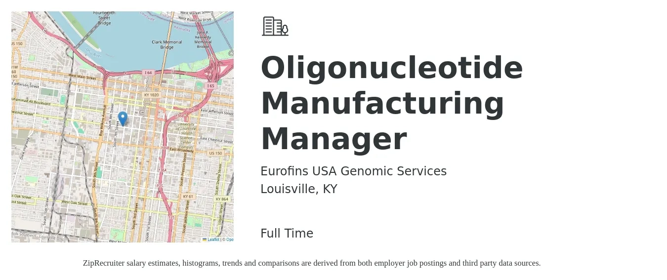 Eurofins USA Genomic Services job posting for a Oligonucleotide Manufacturing Manager in Louisville, KY with a salary of $74,500 to $113,900 Yearly with a map of Louisville location.