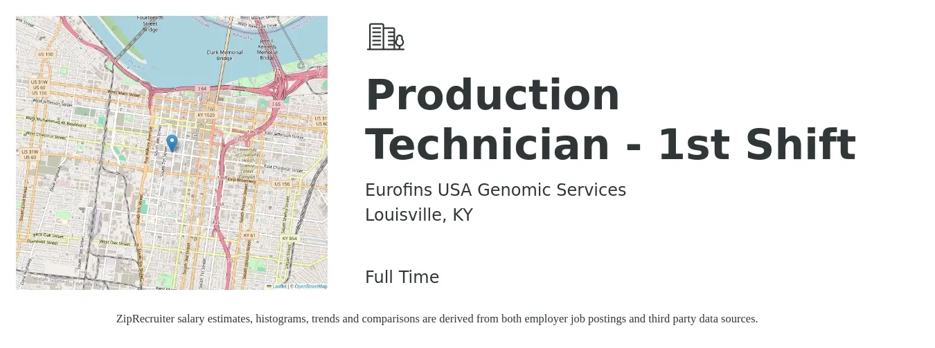 Eurofins USA Genomic Services job posting for a Production Technician - 1st Shift in Louisville, KY with a salary of $16 to $21 Hourly with a map of Louisville location.