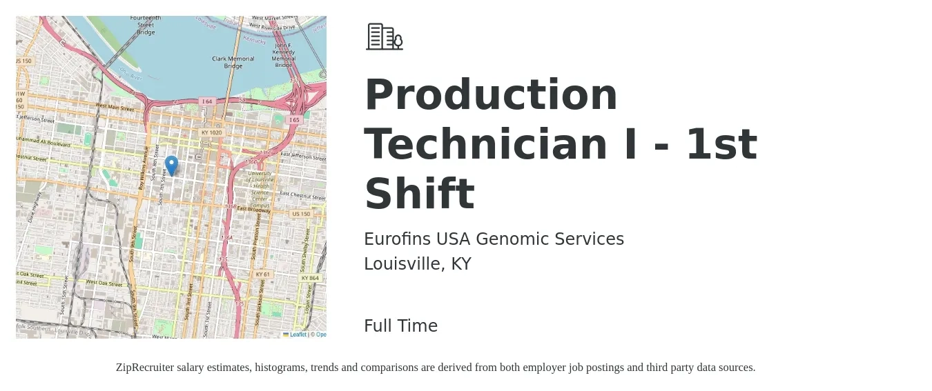 Eurofins USA Genomic Services job posting for a Production Technician I - 1st Shift in Louisville, KY with a salary of $16 to $21 Hourly with a map of Louisville location.
