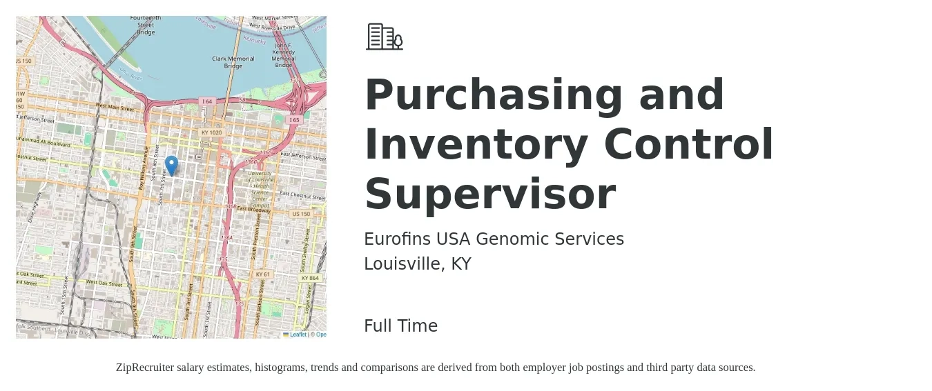 Eurofins USA Genomic Services job posting for a Purchasing and Inventory Control Supervisor in Louisville, KY with a salary of $62,500 to $96,100 Yearly with a map of Louisville location.