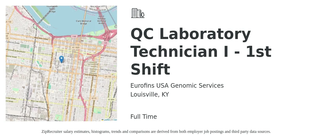 Eurofins USA Genomic Services job posting for a QC Laboratory Technician I - 1st Shift in Louisville, KY with a salary of $19 to $24 Hourly with a map of Louisville location.