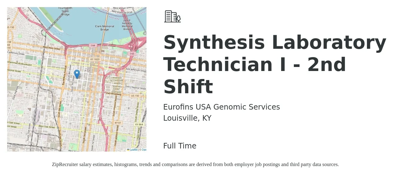 Eurofins USA Genomic Services job posting for a Synthesis Laboratory Technician I - 2nd Shift in Louisville, KY with a salary of $18 to $24 Hourly with a map of Louisville location.