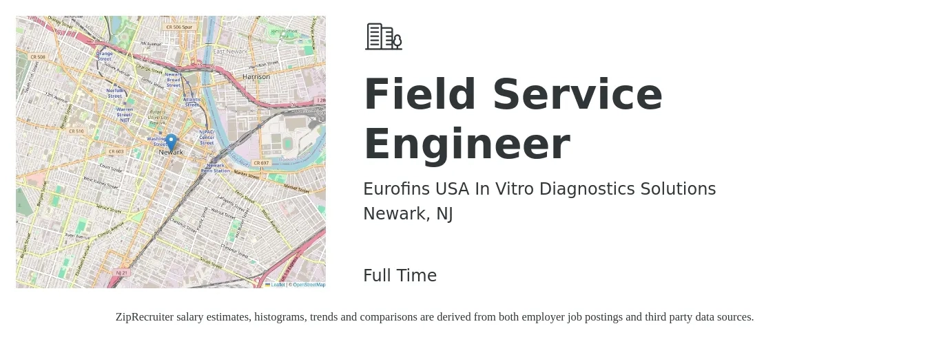 Eurofins USA In Vitro Diagnostics Solutions job posting for a Field Service Engineer in Newark, NJ with a salary of $59,600 to $88,400 Yearly with a map of Newark location.
