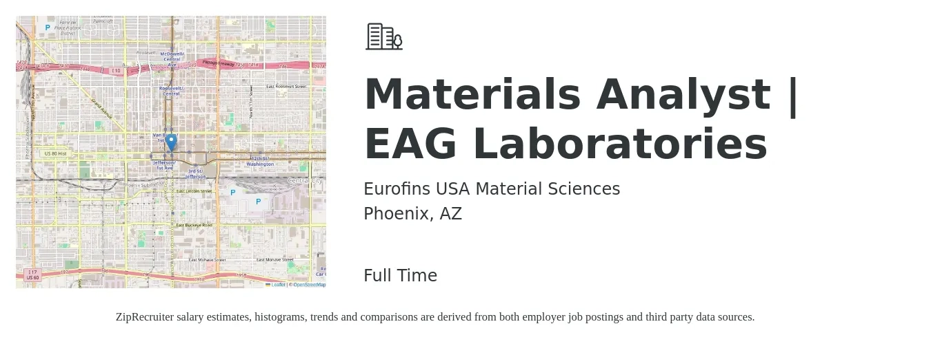 Eurofins USA Material Sciences job posting for a Materials Analyst | EAG Laboratories in Phoenix, AZ with a salary of $26 to $32 Hourly with a map of Phoenix location.