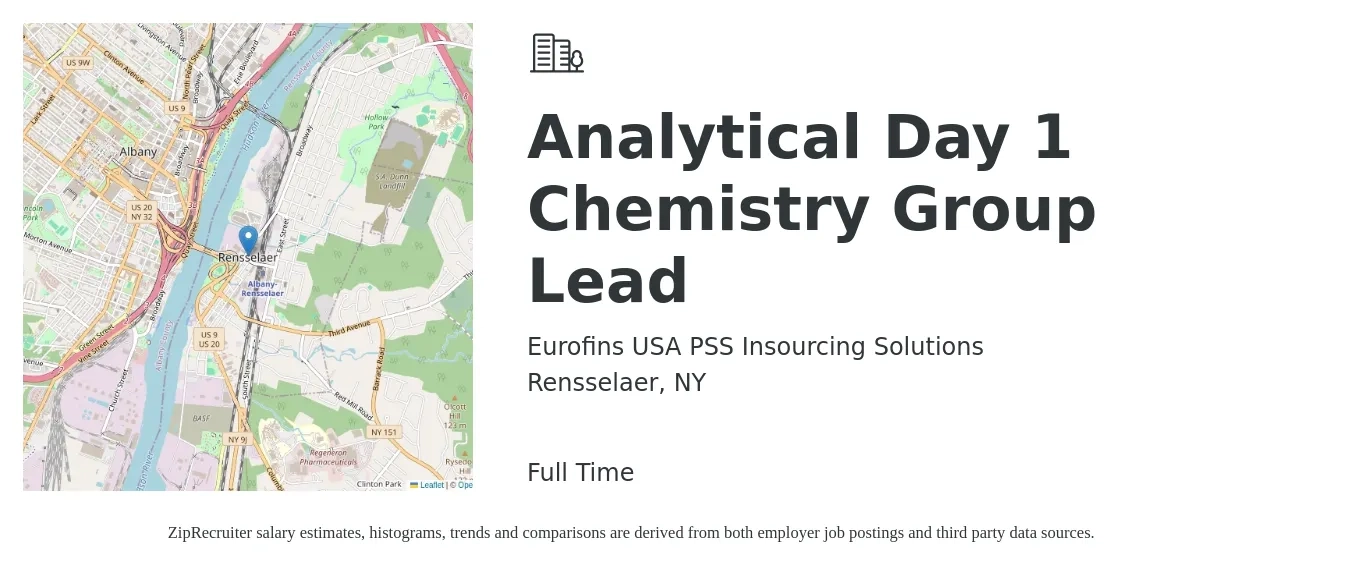 Eurofins USA PSS Insourcing Solutions job posting for a Analytical Day 1 Chemistry Group Lead in Rensselaer, NY with a salary of $25 to $35 Hourly with a map of Rensselaer location.