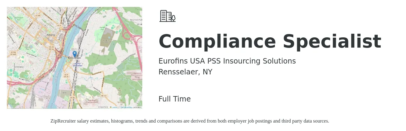 Eurofins USA PSS Insourcing Solutions job posting for a Compliance Specialist in Rensselaer, NY with a salary of $19 to $27 Hourly with a map of Rensselaer location.