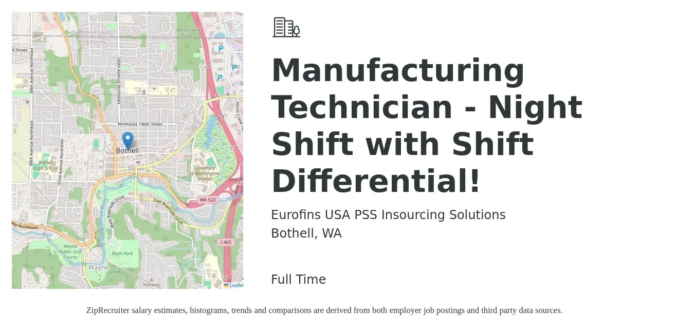 Eurofins USA PSS Insourcing Solutions job posting for a Manufacturing Technician - Night Shift with Shift Differential! in Bothell, WA with a salary of $40,000 to $45,000 Monthly with a map of Bothell location.