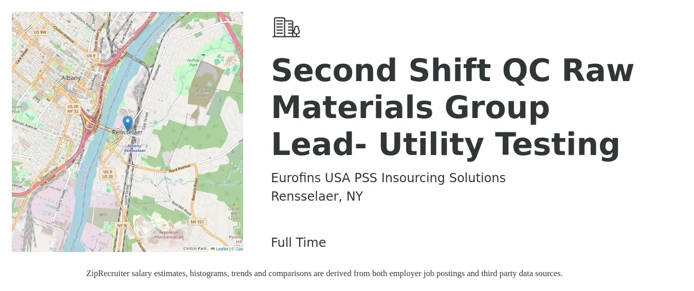 Eurofins USA PSS Insourcing Solutions job posting for a Second Shift QC Raw Materials Group Lead- Utility Testing in Rensselaer, NY with a salary of $20 to $41 Hourly with a map of Rensselaer location.