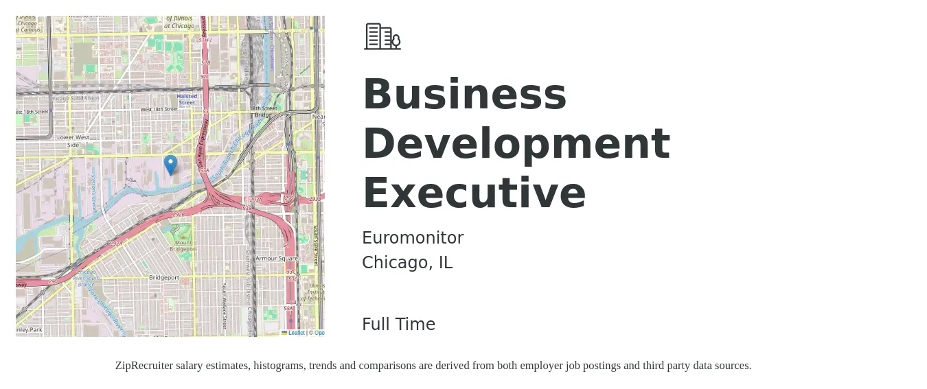 Euromonitor job posting for a Business Development Executive in Chicago, IL with a salary of $64,900 to $103,000 Yearly with a map of Chicago location.
