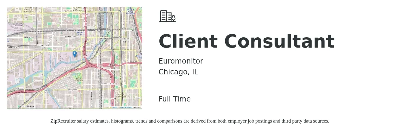 Euromonitor job posting for a Client Consultant in Chicago, IL with a salary of $45,300 to $146,300 Yearly with a map of Chicago location.