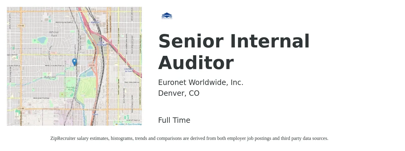 Euronet Worldwide, Inc. job posting for a Senior Internal Auditor in Denver, CO with a salary of $87,000 to $108,100 Yearly with a map of Denver location.