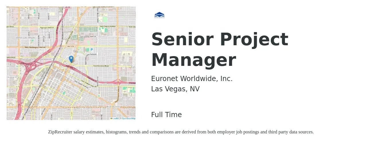 Euronet Worldwide, Inc. job posting for a Senior Project Manager in Las Vegas, NV with a salary of $102,200 to $144,200 Yearly with a map of Las Vegas location.