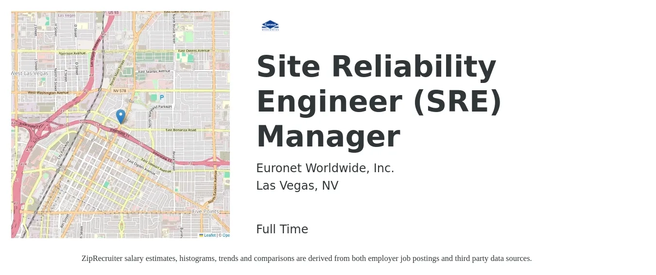 Euronet Worldwide, Inc. job posting for a Site Reliability Engineer (SRE) Manager in Las Vegas, NV with a salary of $56 to $75 Hourly with a map of Las Vegas location.